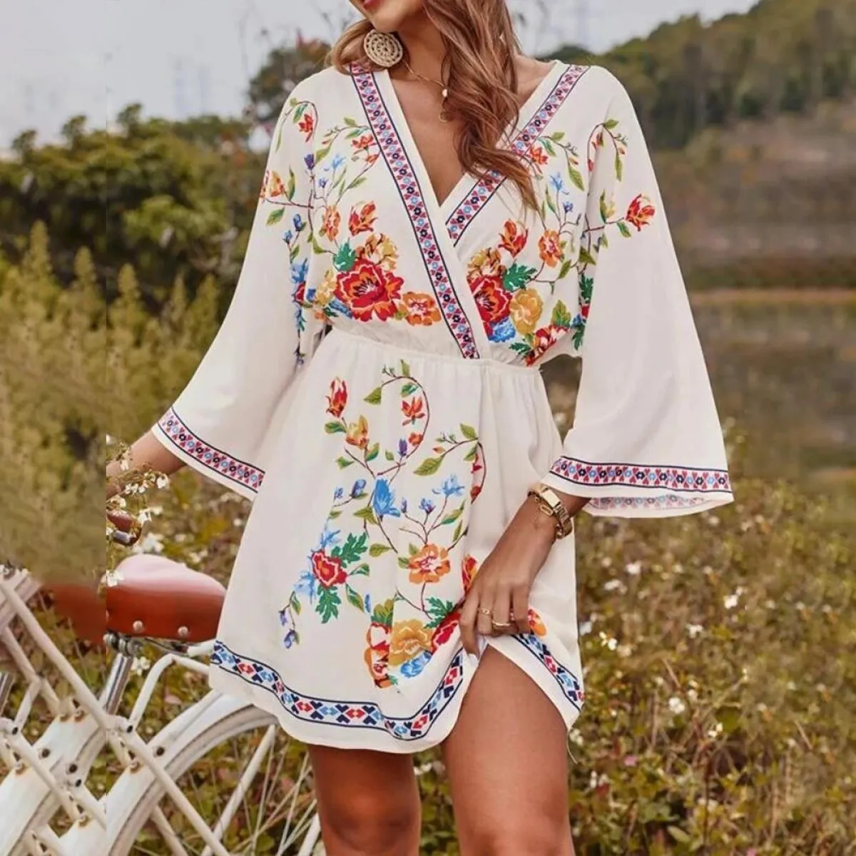 Vestido Beach Abito bohemien per le donne 2024 Primavera Estate Gonna corta floreale Abito da vacanza da donna Vita allentata Fe