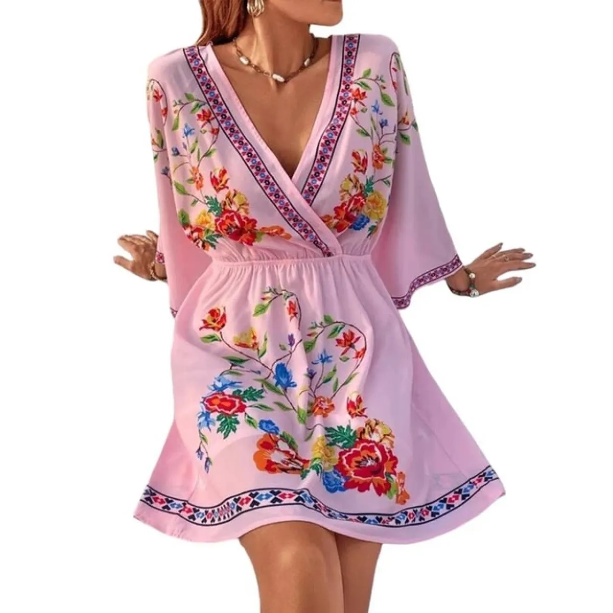 Vestido Beach Abito bohemien per le donne 2024 Primavera Estate Gonna corta floreale Abito da vacanza da donna Vita allentata Fe