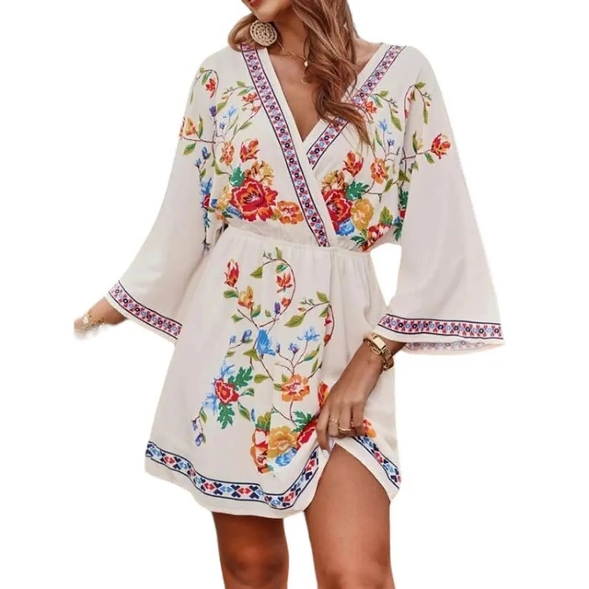 Vestido Beach Abito bohemien per le donne 2024 Primavera Estate Gonna corta floreale Abito da vacanza da donna Vita allentata Fe