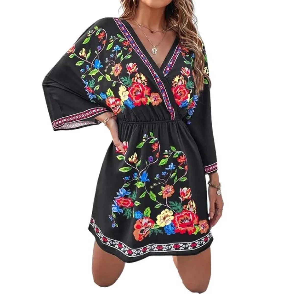 Vestido Beach Abito bohemien per le donne 2024 Primavera Estate Gonna corta floreale Abito da vacanza da donna Vita allentata Fe