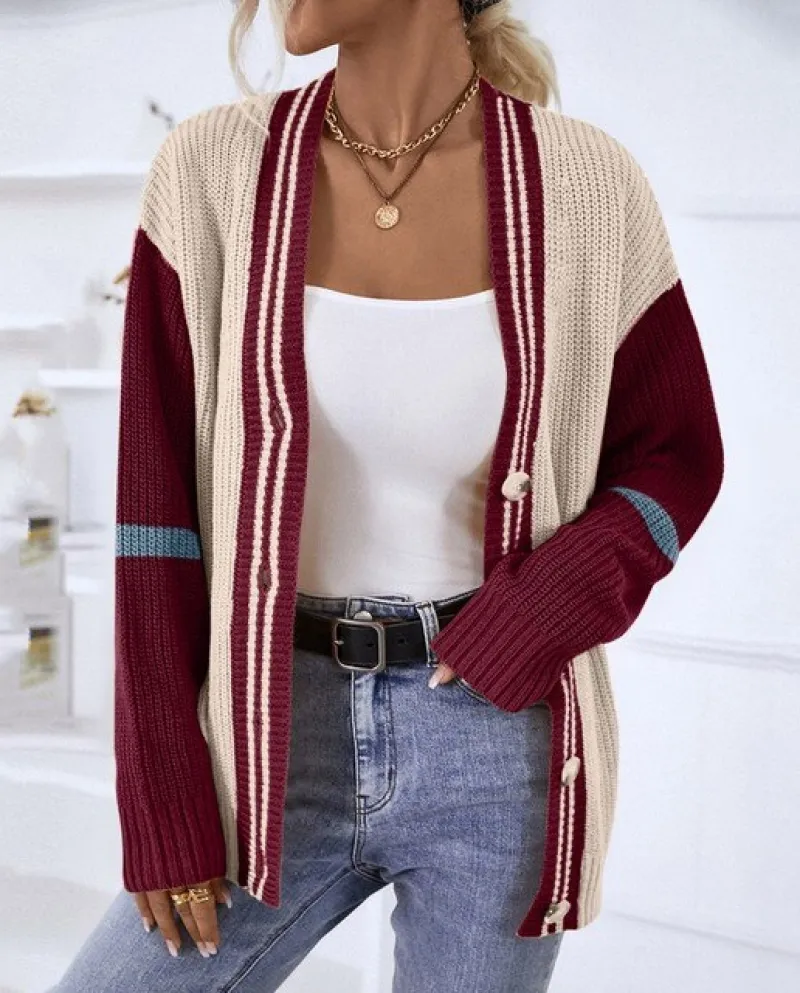 Woman Long Sleeve Sweater Cardigan Fashion Color Contrast Striped Button Knitted Sweater Cardigan Coats Warm Winter Clot