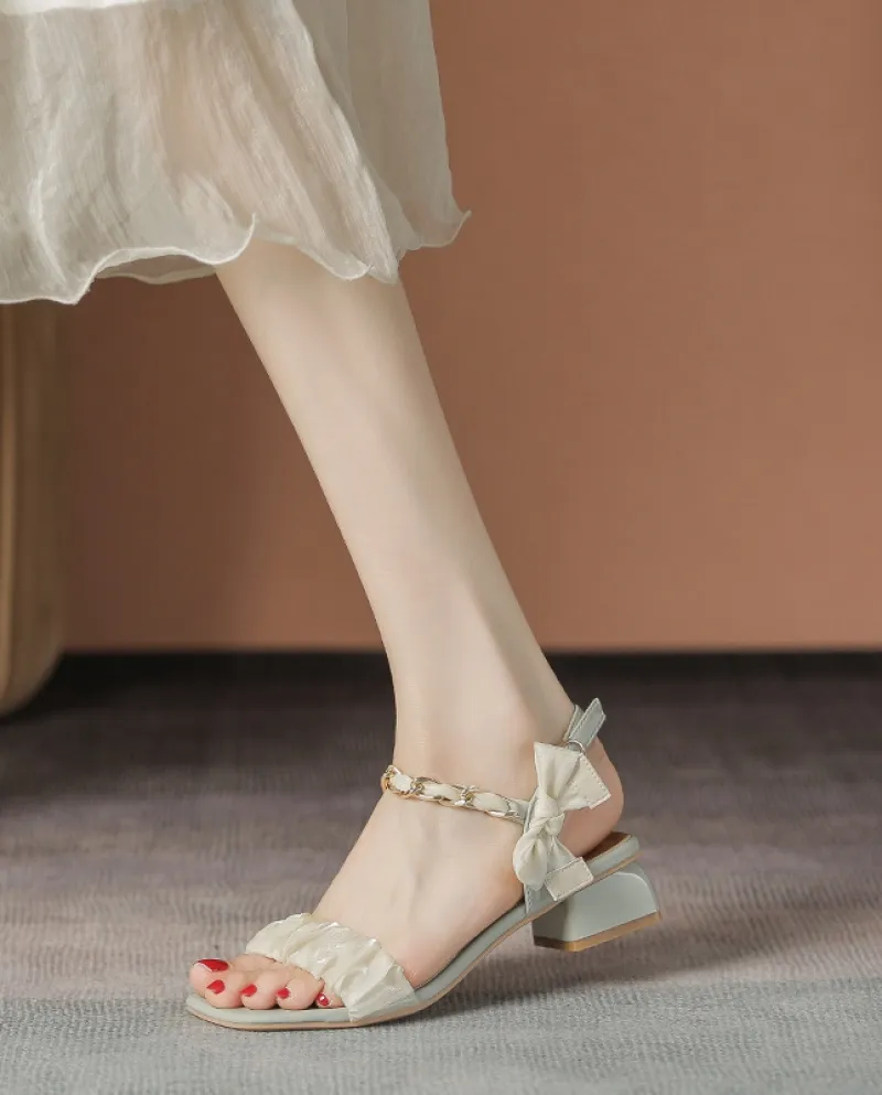 Womens New Summer One Word con sandali in rete con fiocco e tacco spesso