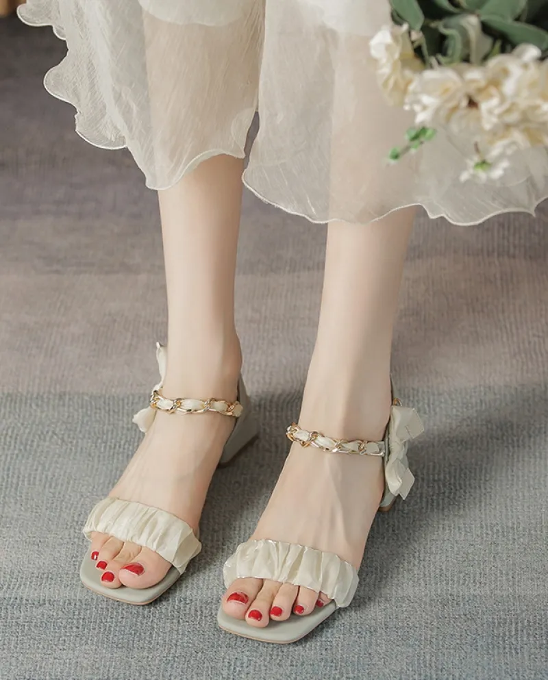 Womens New Summer One Word con sandali in rete con fiocco e tacco spesso